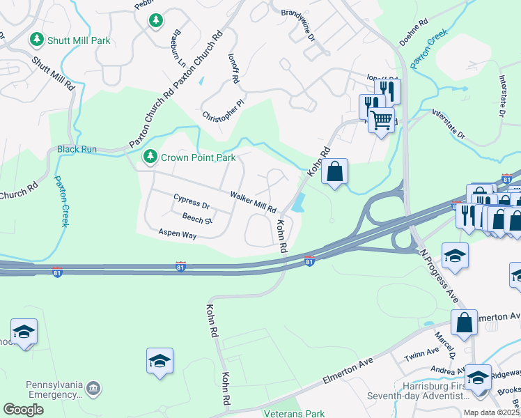 map of restaurants, bars, coffee shops, grocery stores, and more near 2036 Daybreak Circle in Harrisburg