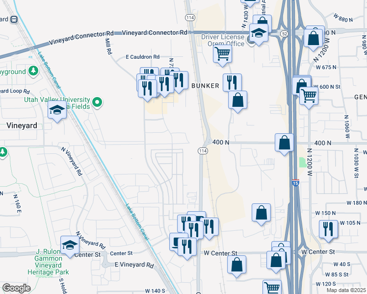 map of restaurants, bars, coffee shops, grocery stores, and more near 352 North 750 East Street in Orem