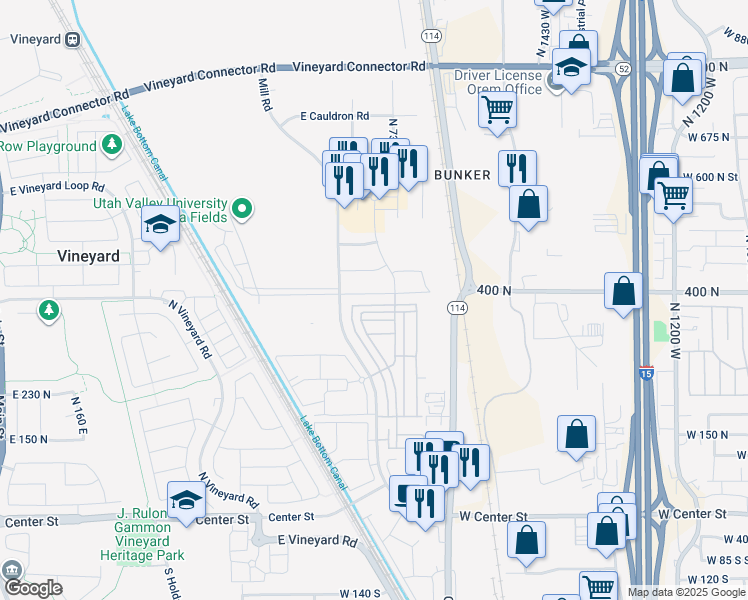 map of restaurants, bars, coffee shops, grocery stores, and more near 352 North 680 East in Vineyard