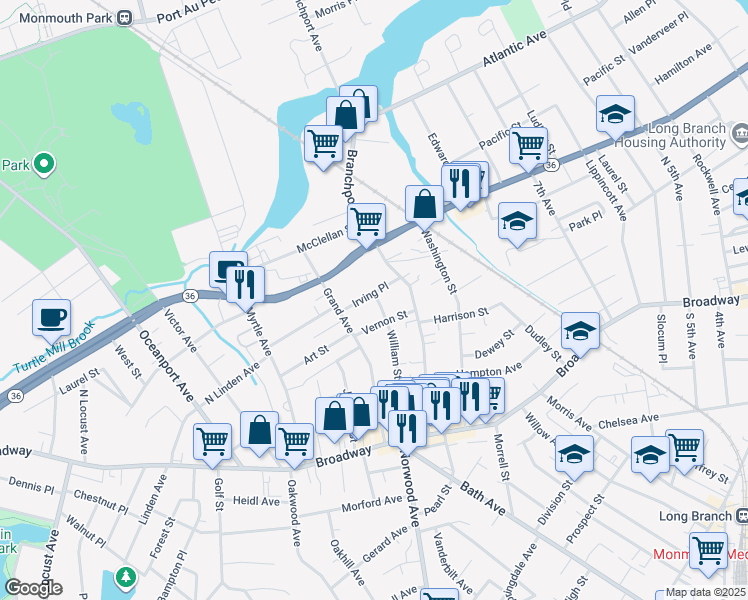 map of restaurants, bars, coffee shops, grocery stores, and more near 611 Vernon Street in Long Branch