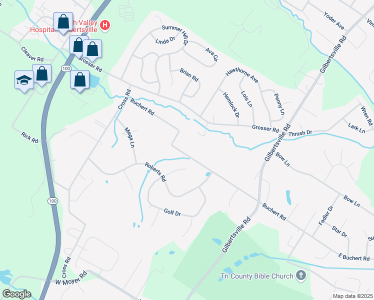 map of restaurants, bars, coffee shops, grocery stores, and more near 145 Golf Drive in Gilbertsville