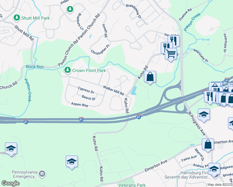 map of restaurants, bars, coffee shops, grocery stores, and more near 2036 Daybreak Circle in Harrisburg