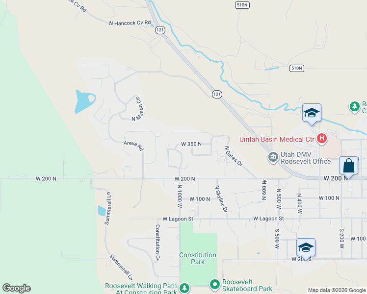 map of restaurants, bars, coffee shops, grocery stores, and more near 992 West 350 North in Roosevelt