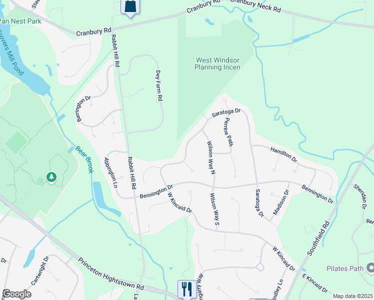 map of restaurants, bars, coffee shops, grocery stores, and more near 1 Ruthies Run in West Windsor Township