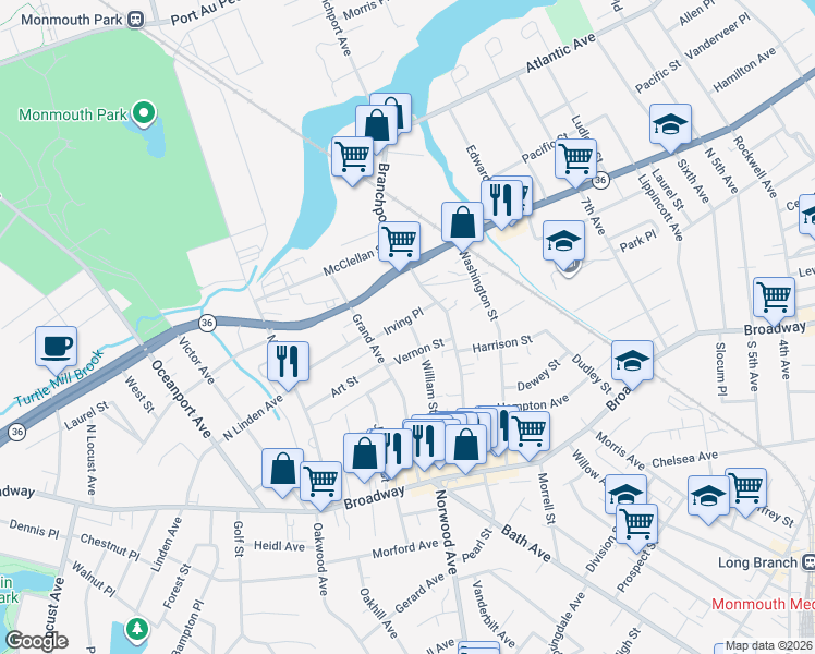 map of restaurants, bars, coffee shops, grocery stores, and more near 611 Vernon Street in Long Branch
