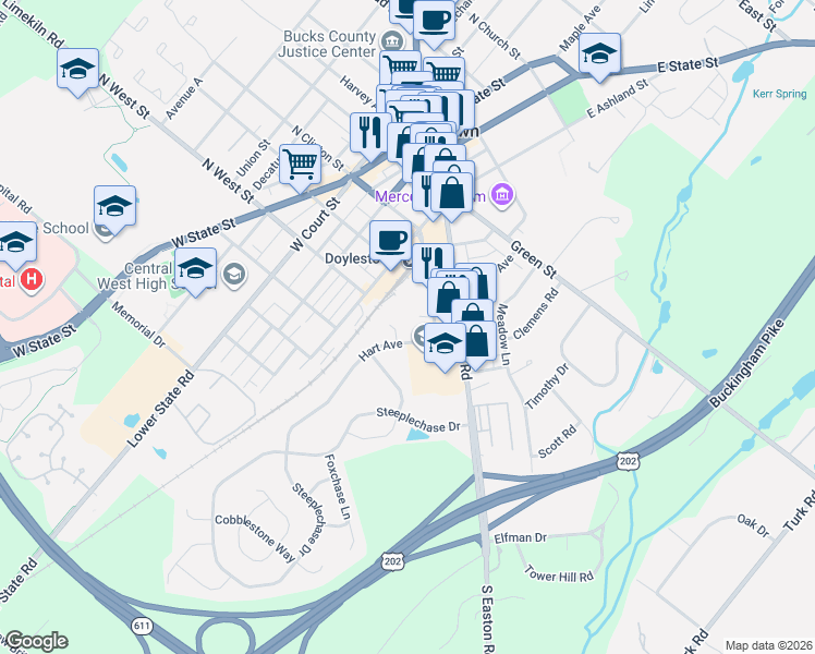 map of restaurants, bars, coffee shops, grocery stores, and more near 350 South Main Street in Doylestown