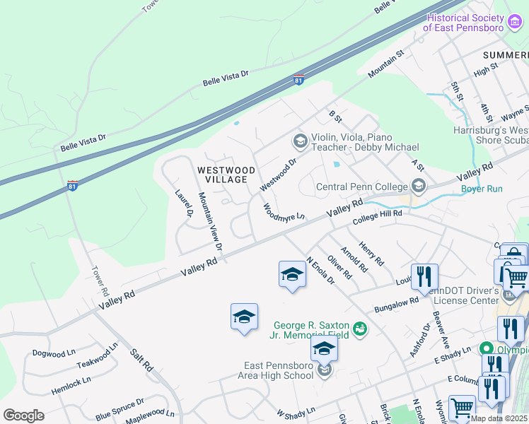 map of restaurants, bars, coffee shops, grocery stores, and more near 59 Woodmyre Lane in Enola