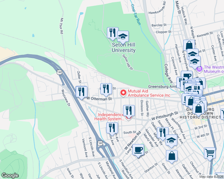 map of restaurants, bars, coffee shops, grocery stores, and more near 615 West Otterman Street in Greensburg