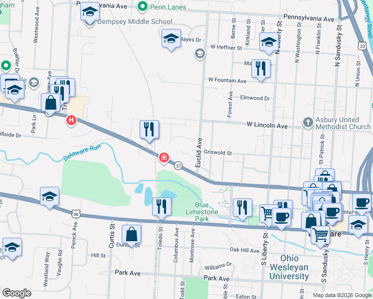 map of restaurants, bars, coffee shops, grocery stores, and more near 340 West Central Avenue in Delaware