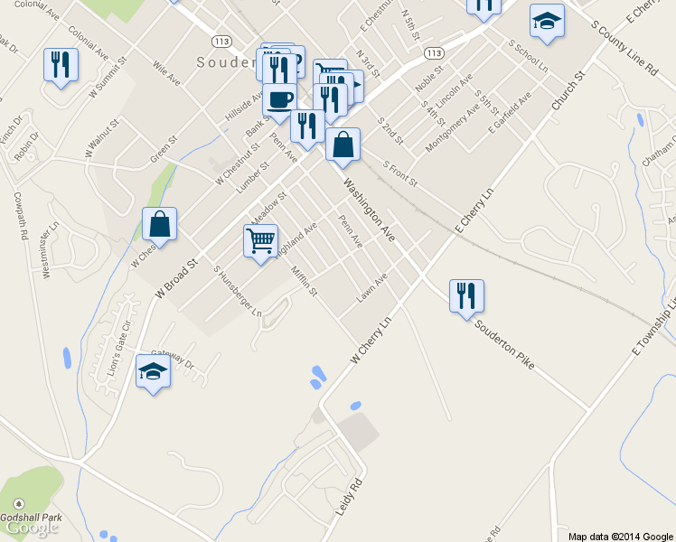 map of restaurants, bars, coffee shops, grocery stores, and more near 208 Franklin Ave in Souderton