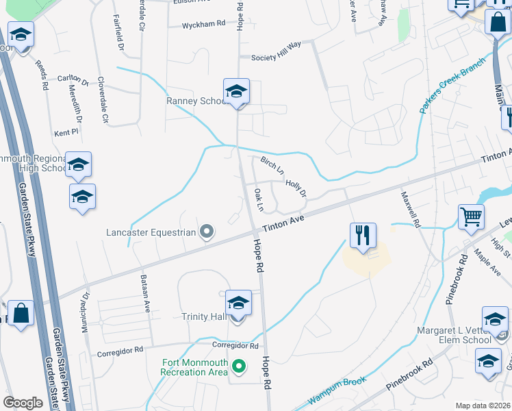 map of restaurants, bars, coffee shops, grocery stores, and more near 51 Oak Lane in Eatontown