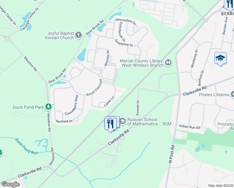 map of restaurants, bars, coffee shops, grocery stores, and more near 63 Caleb Lane in Princeton