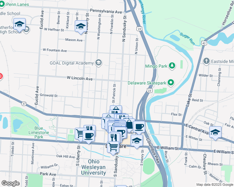 map of restaurants, bars, coffee shops, grocery stores, and more near 173 North Sandusky Street in Delaware