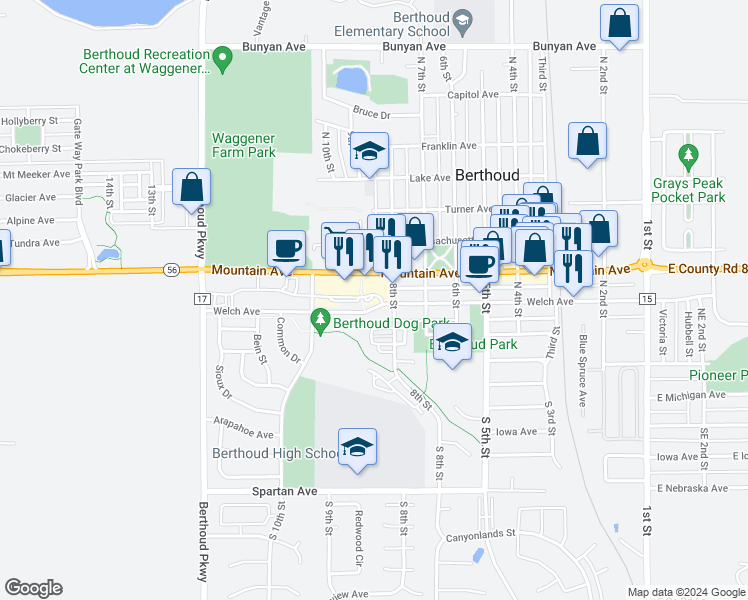 map of restaurants, bars, coffee shops, grocery stores, and more near 836 Welch Avenue in Berthoud