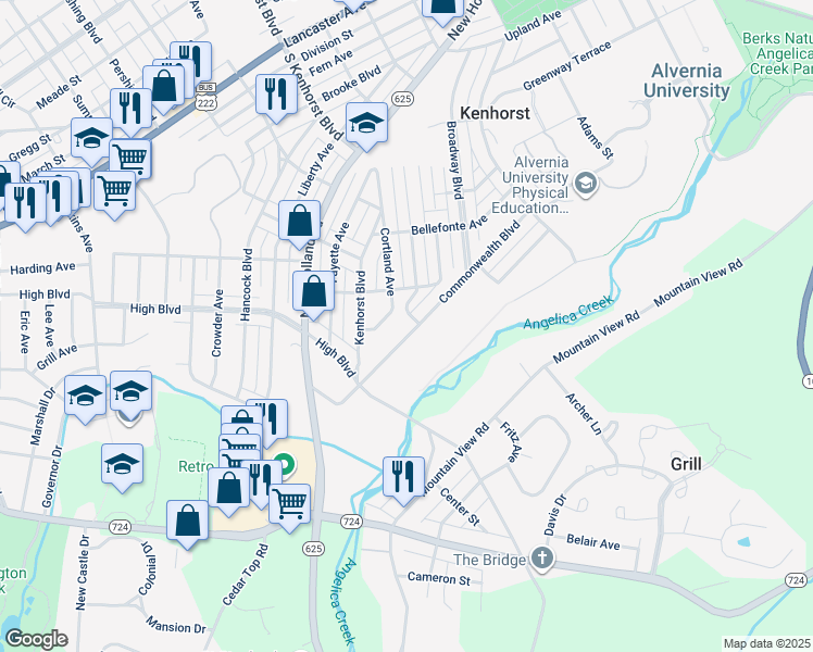 map of restaurants, bars, coffee shops, grocery stores, and more near 1609 Commonwealth Boulevard in Reading