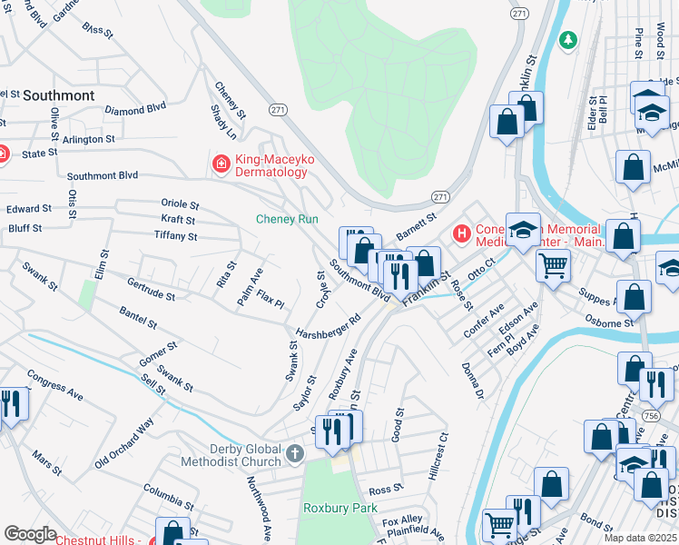 map of restaurants, bars, coffee shops, grocery stores, and more near 203 Southmont Boulevard in Johnstown