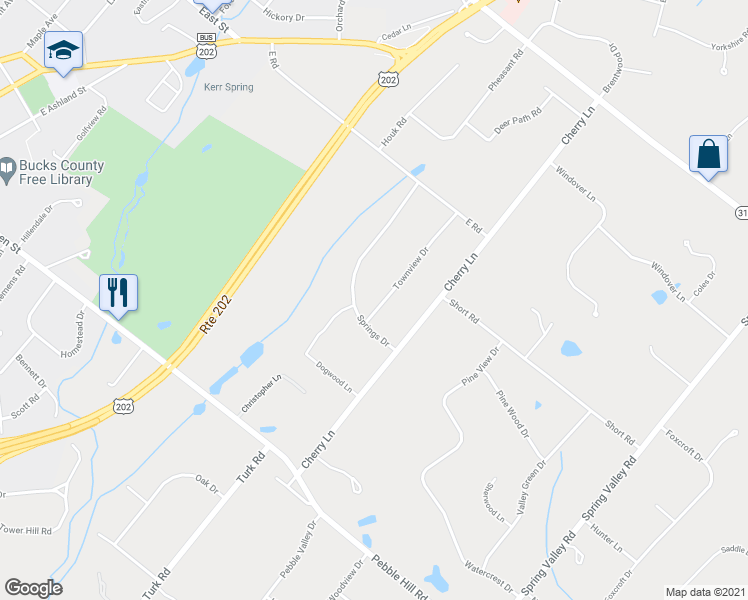 map of restaurants, bars, coffee shops, grocery stores, and more near 62 Townview Drive in Doylestown