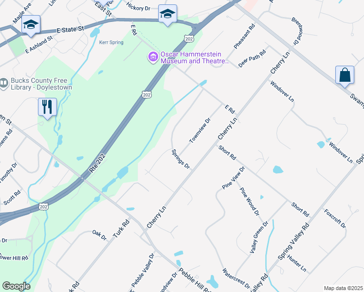 map of restaurants, bars, coffee shops, grocery stores, and more near 62 Townview Drive in Doylestown