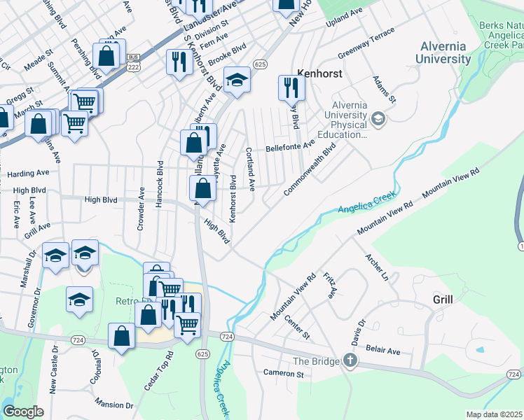 map of restaurants, bars, coffee shops, grocery stores, and more near 1609 Commonwealth Boulevard in Reading