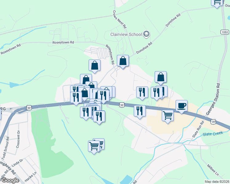 map of restaurants, bars, coffee shops, grocery stores, and more near 56 Sheraton Drive in Greensburg