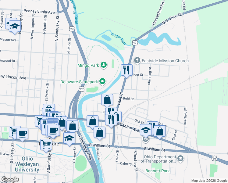 map of restaurants, bars, coffee shops, grocery stores, and more near 20 East Lincoln Avenue in Delaware