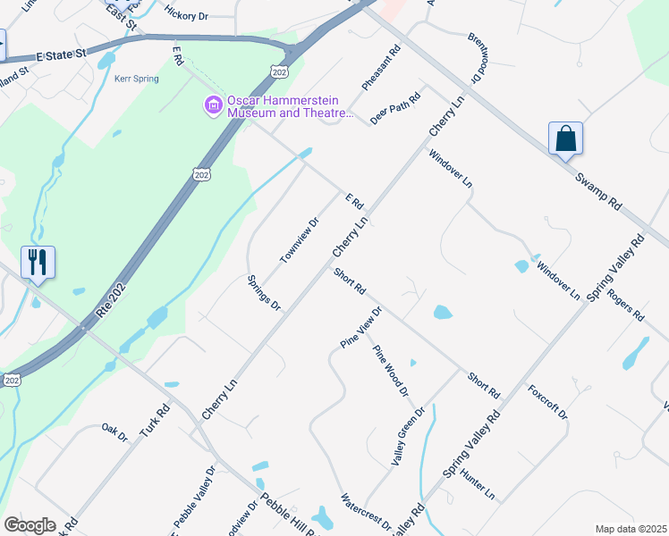 map of restaurants, bars, coffee shops, grocery stores, and more near 135 Cherry Lane in Doylestown