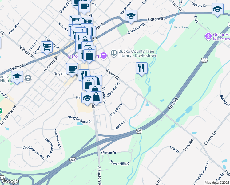 map of restaurants, bars, coffee shops, grocery stores, and more near 54 Clemens Road in Doylestown