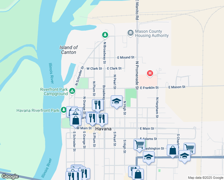 map of restaurants, bars, coffee shops, grocery stores, and more near 500-598 North Pearl Street in Havana