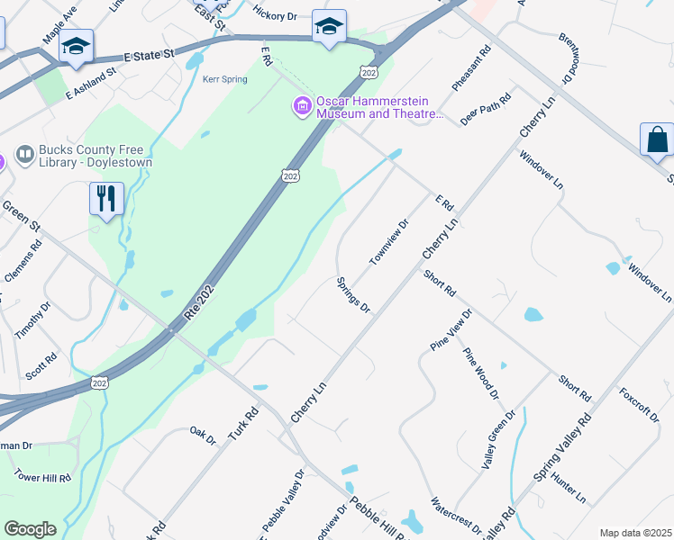 map of restaurants, bars, coffee shops, grocery stores, and more near 72 Springs Drive in Doylestown