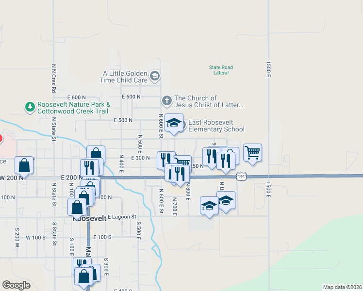 map of restaurants, bars, coffee shops, grocery stores, and more near 756 East 400 North in Roosevelt