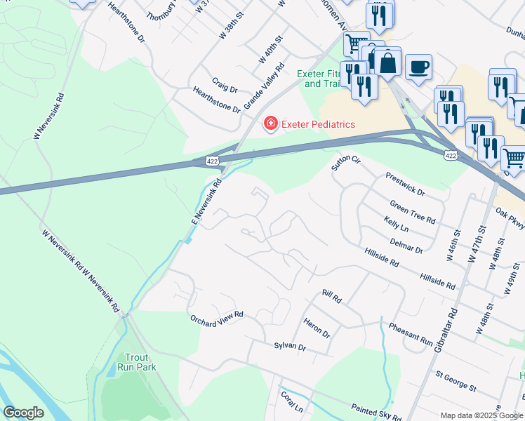 map of restaurants, bars, coffee shops, grocery stores, and more near 126 Christine Drive in Reading