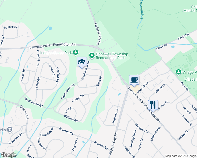 map of restaurants, bars, coffee shops, grocery stores, and more near 25 Fanning Way in Pennington