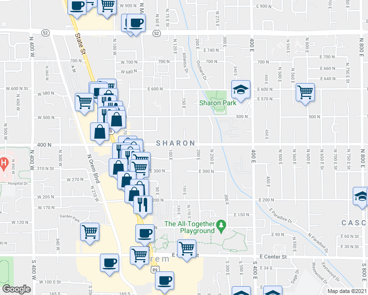 map of restaurants, bars, coffee shops, grocery stores, and more near 156 East 400 North in Orem