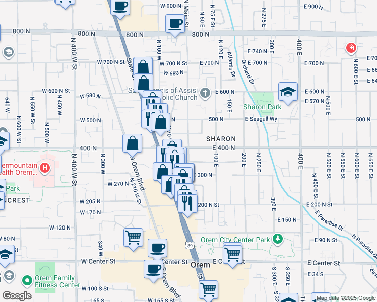 map of restaurants, bars, coffee shops, grocery stores, and more near 433 North Main Street in Orem