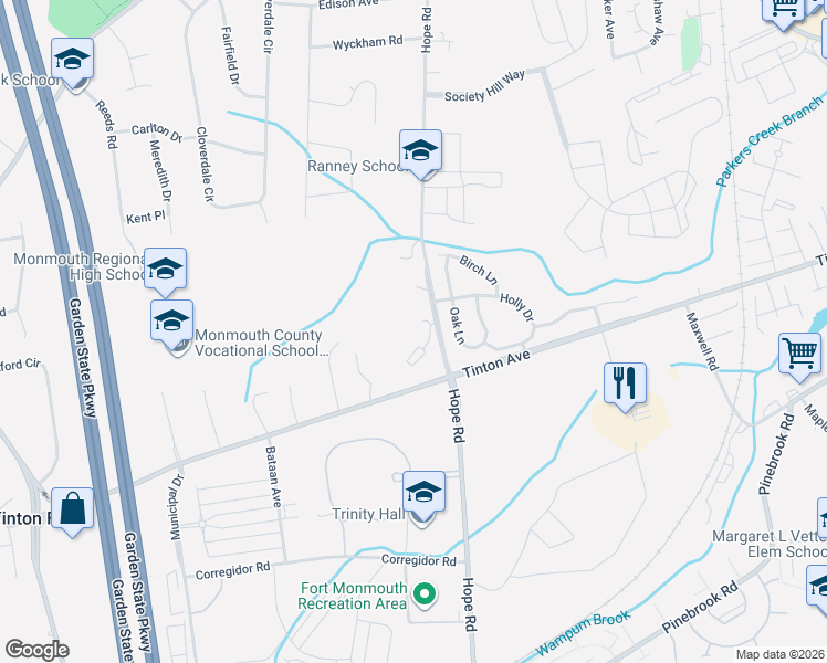 map of restaurants, bars, coffee shops, grocery stores, and more near 75 Deer Path Court in Tinton Falls
