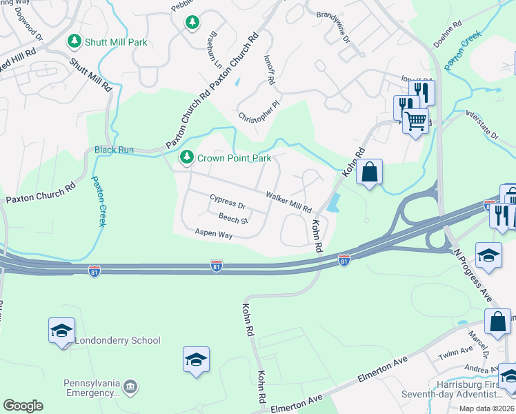 map of restaurants, bars, coffee shops, grocery stores, and more near 2341 Walker Mill Road in Harrisburg