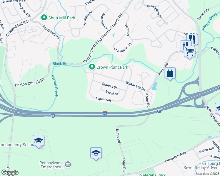 map of restaurants, bars, coffee shops, grocery stores, and more near 2410 Walker Mill Road in Harrisburg