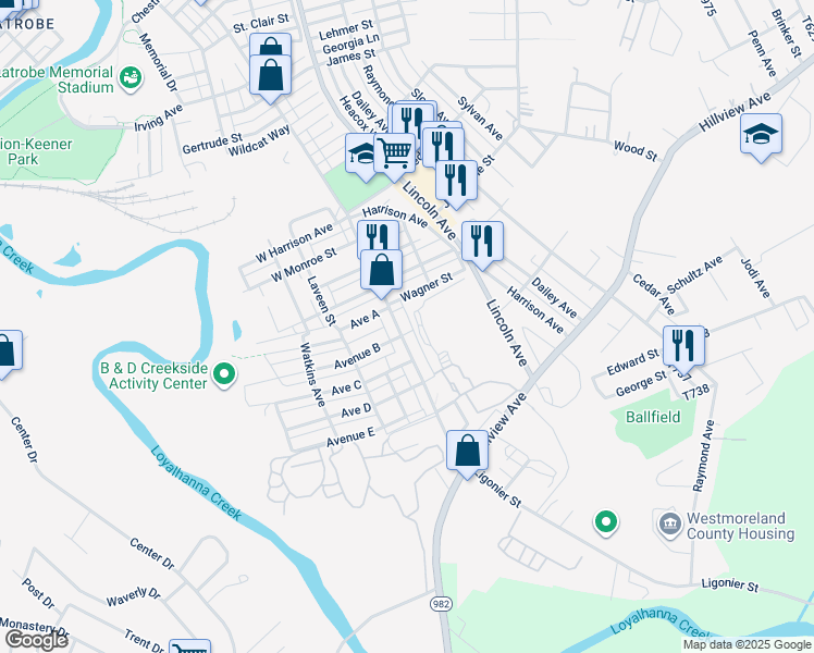 map of restaurants, bars, coffee shops, grocery stores, and more near 2400 Ligonier Street in Latrobe