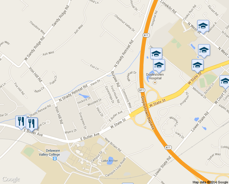 map of restaurants, bars, coffee shops, grocery stores, and more near 422 Ford Hook Road in Chalfont