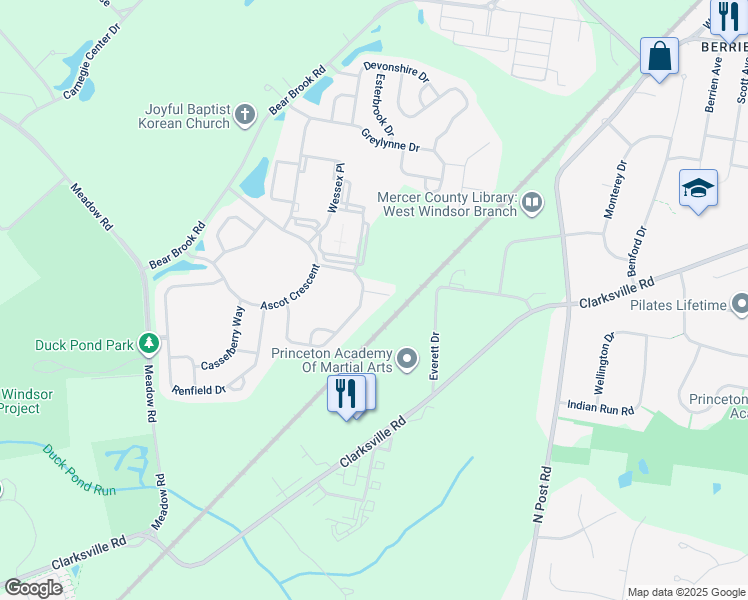 map of restaurants, bars, coffee shops, grocery stores, and more near 8 Wedgewood Court in Princeton