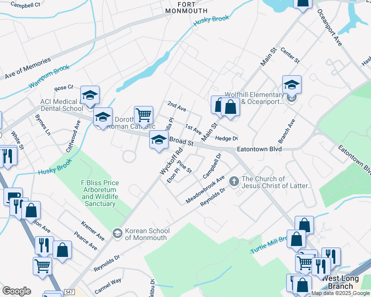 map of restaurants, bars, coffee shops, grocery stores, and more near 4 Wyckoff Road in Eatontown