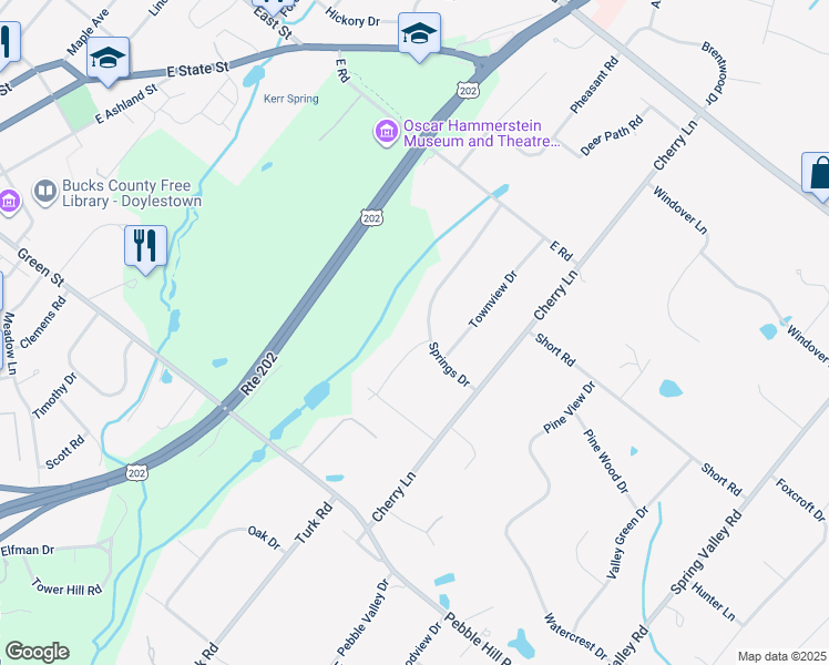 map of restaurants, bars, coffee shops, grocery stores, and more near 72 Springs Drive in Doylestown