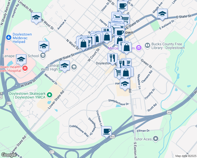 map of restaurants, bars, coffee shops, grocery stores, and more near 230 West Ashland Street in Doylestown