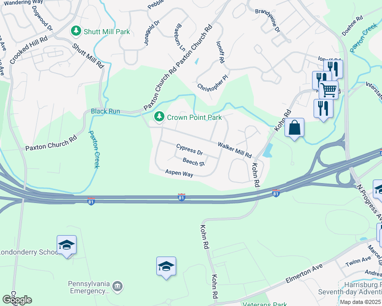 map of restaurants, bars, coffee shops, grocery stores, and more near 2410 Walker Mill Road in Harrisburg