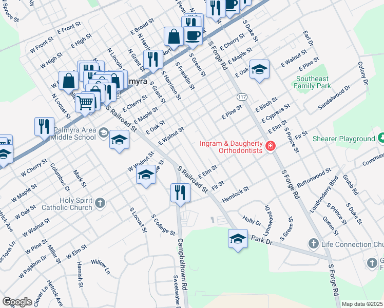 map of restaurants, bars, coffee shops, grocery stores, and more near 519 South Grant Street in Palmyra