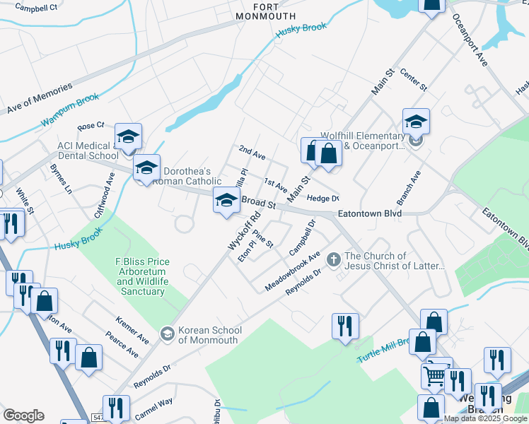 map of restaurants, bars, coffee shops, grocery stores, and more near 4 Wyckoff Road in Eatontown