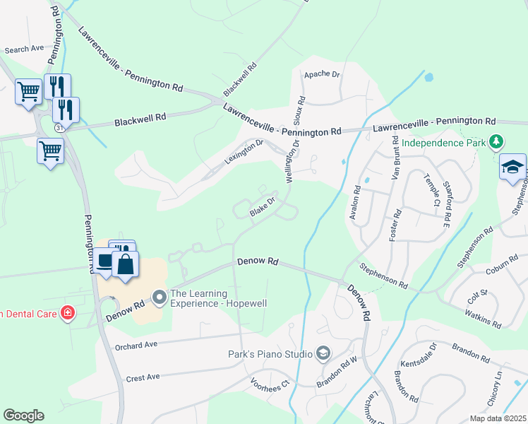 map of restaurants, bars, coffee shops, grocery stores, and more near 19 Blake Drive in Pennington