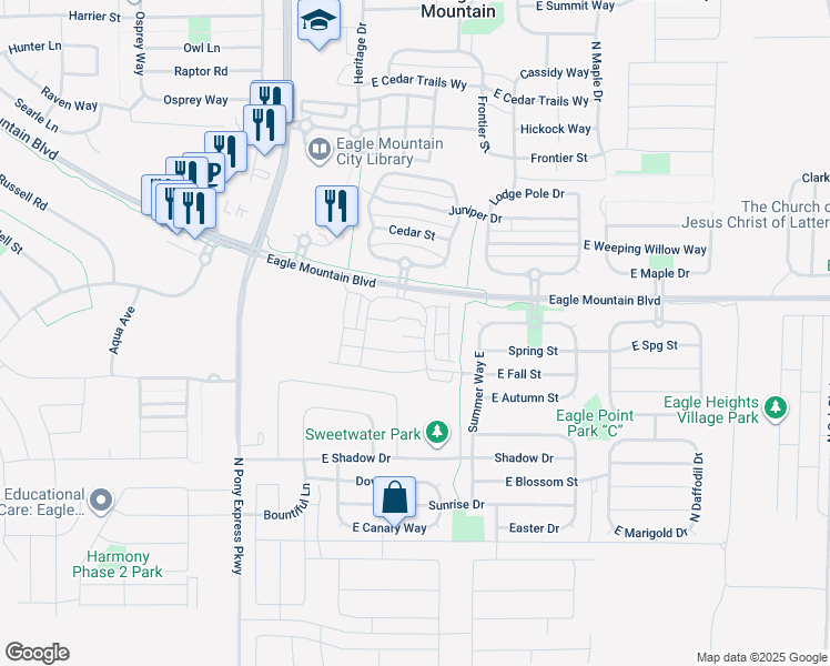 map of restaurants, bars, coffee shops, grocery stores, and more near 1843 North Cosmos Drive in Eagle Mountain