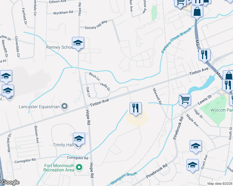 map of restaurants, bars, coffee shops, grocery stores, and more near 16 Redwood Drive in Eatontown
