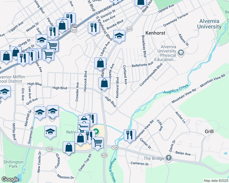 map of restaurants, bars, coffee shops, grocery stores, and more near 1629 Kenhorst Boulevard in Reading